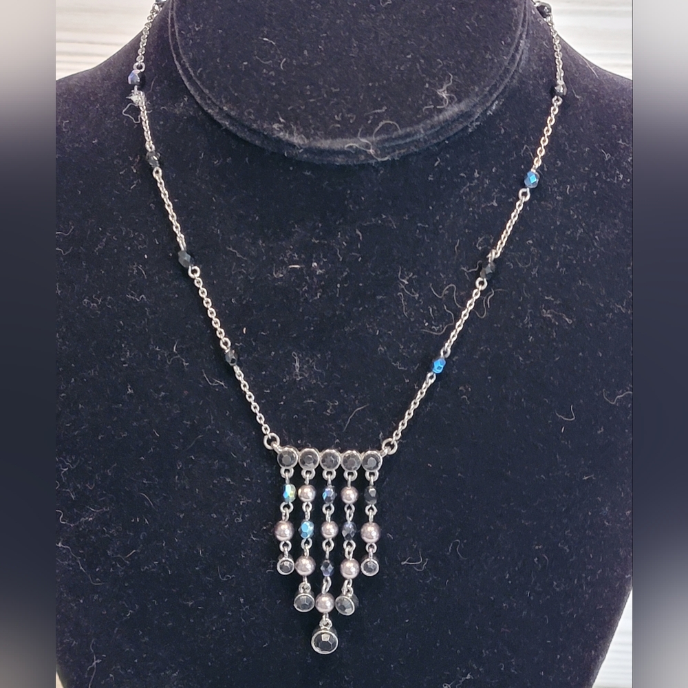 Anne Klein Gunmetal Blue Black Beaded Fringe Statement Necklace